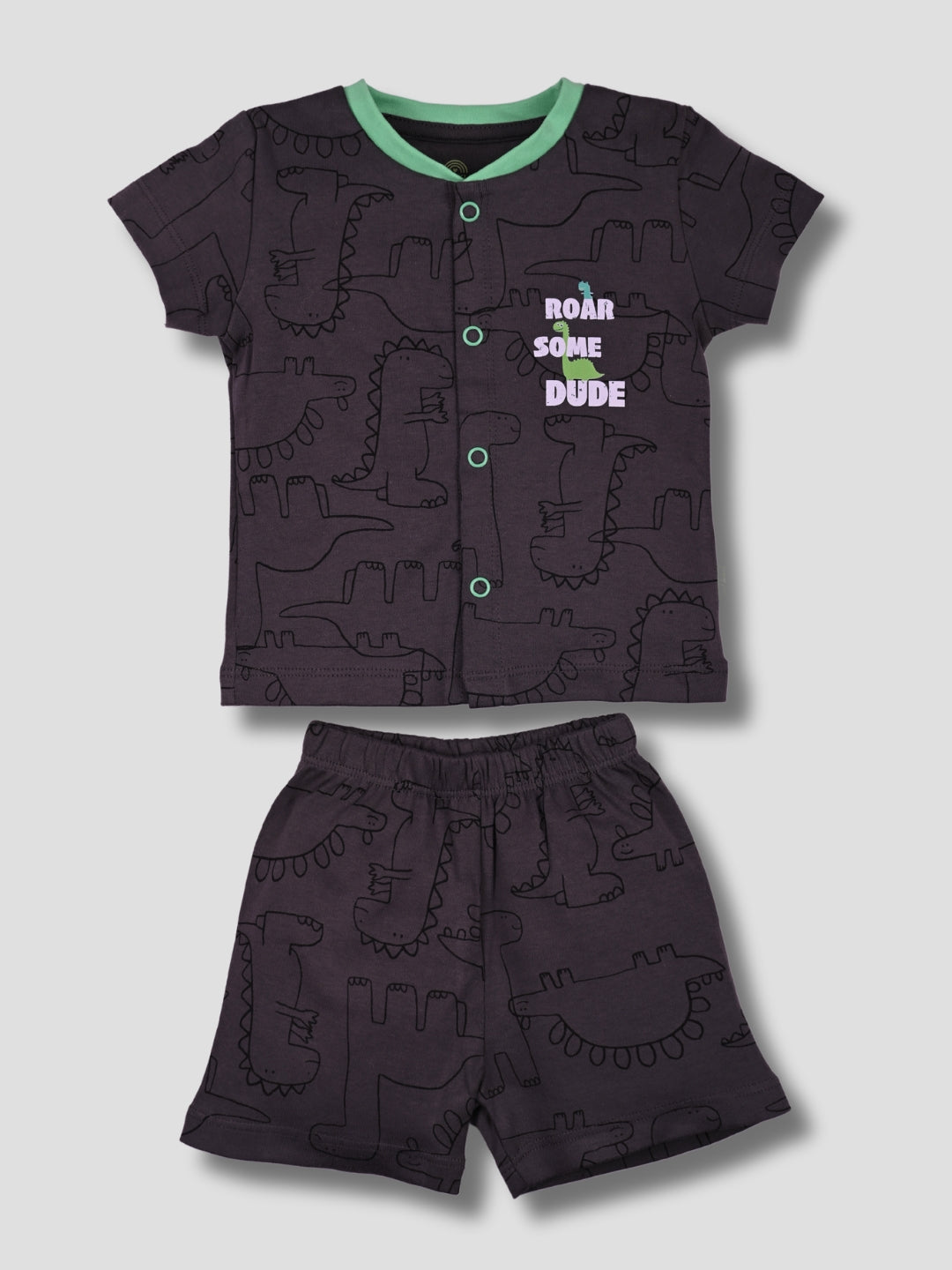 Newborn Baby Boys Cotton Top & Shorts Set - Front Open Printed - ROARSOME DUDE