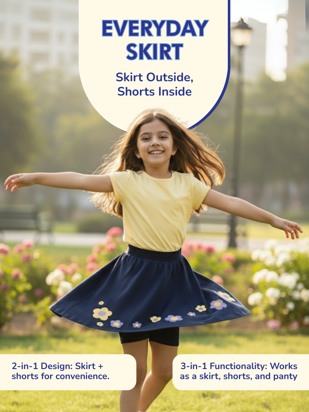 Girls Everyday Skirt | 3-in-1 Skirt with Built-in Shorts & Gusset