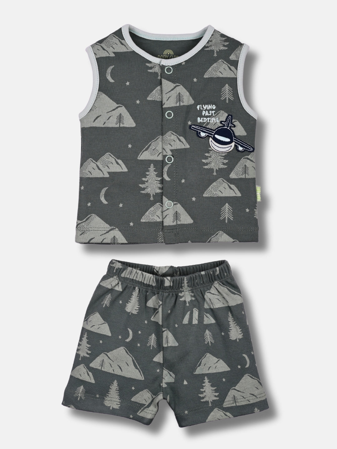 Newborn Baby Boys Sleeveless Cotton Top & Shorts Set - Front Open Printed - FLYING PAST BED TIME