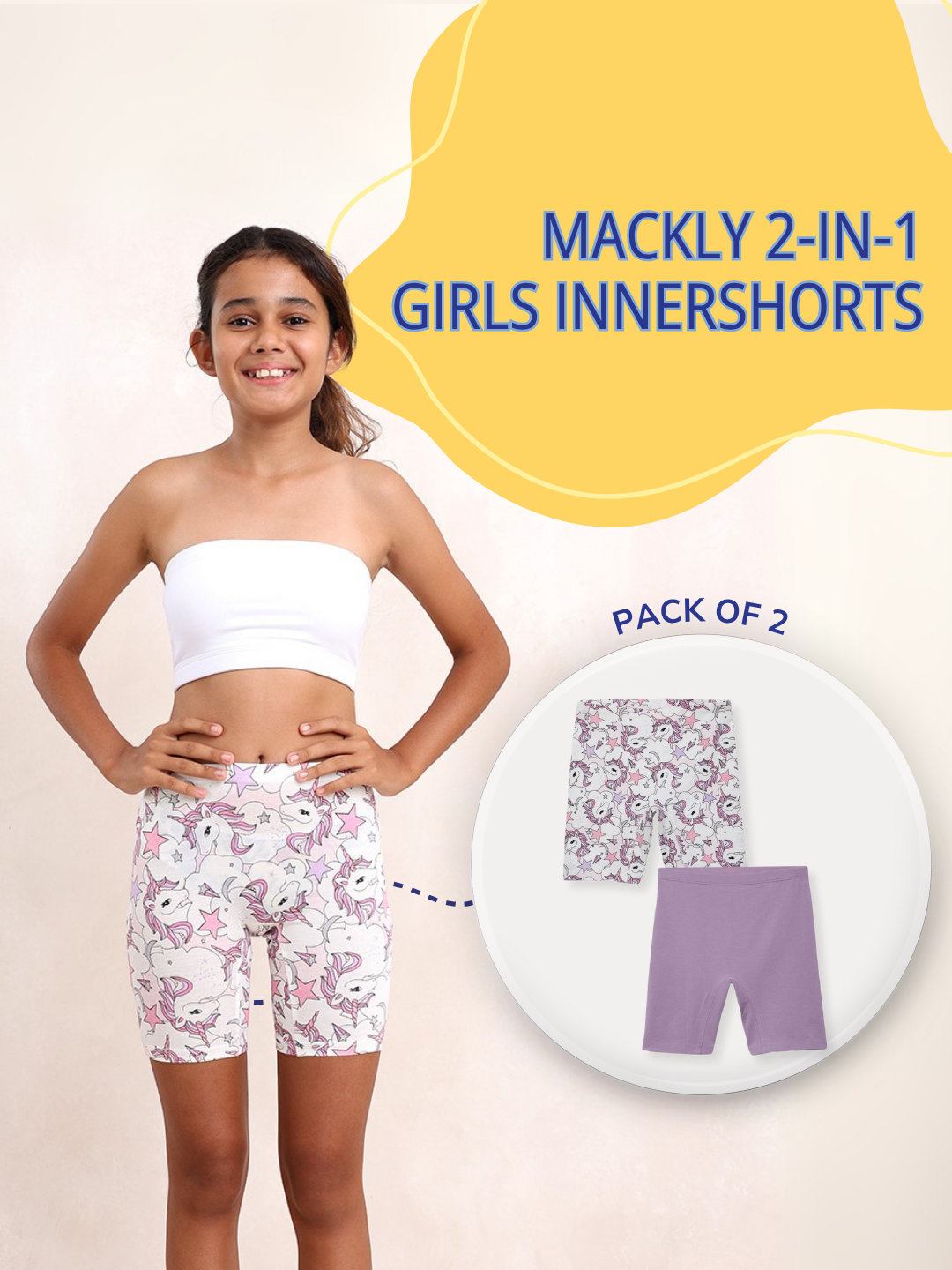 GIRLS INNERSHORTS, UNICORN PRINCESS/LAVENDER
