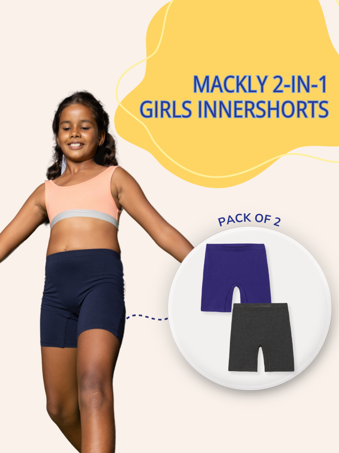 GIRLS INNERSHORTS, NAVY/CHARCOAL MELANGE