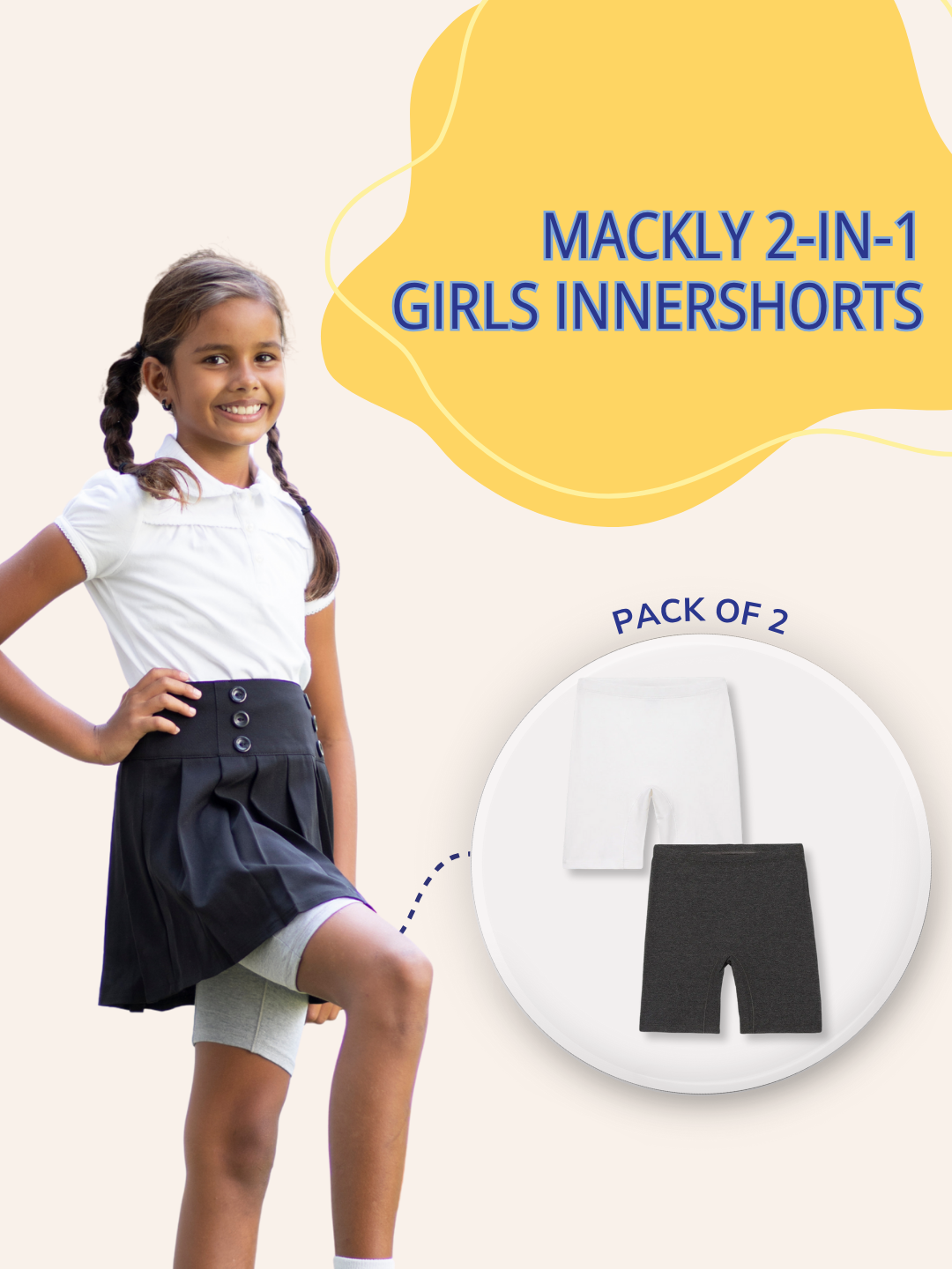 GIRLS INNERSHORTS, WHITE/CHARCOAL MELANGE