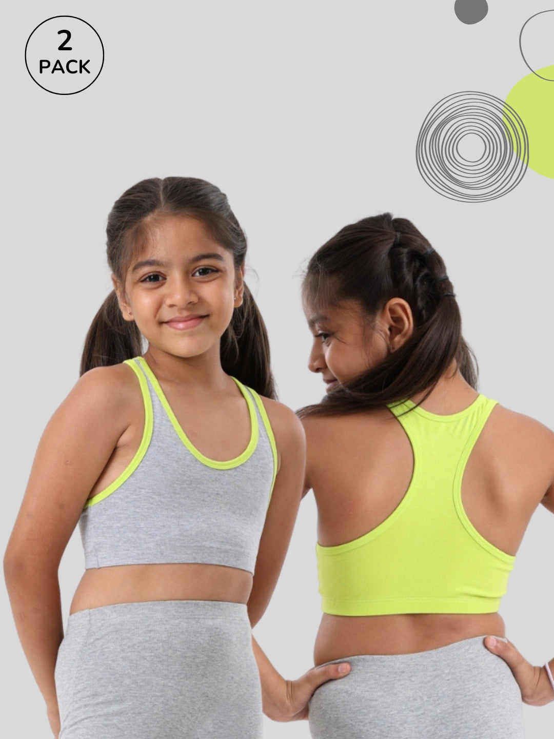 GIRLS TRAINER BRA, DRIZZLE GREY/LIME SHERBET