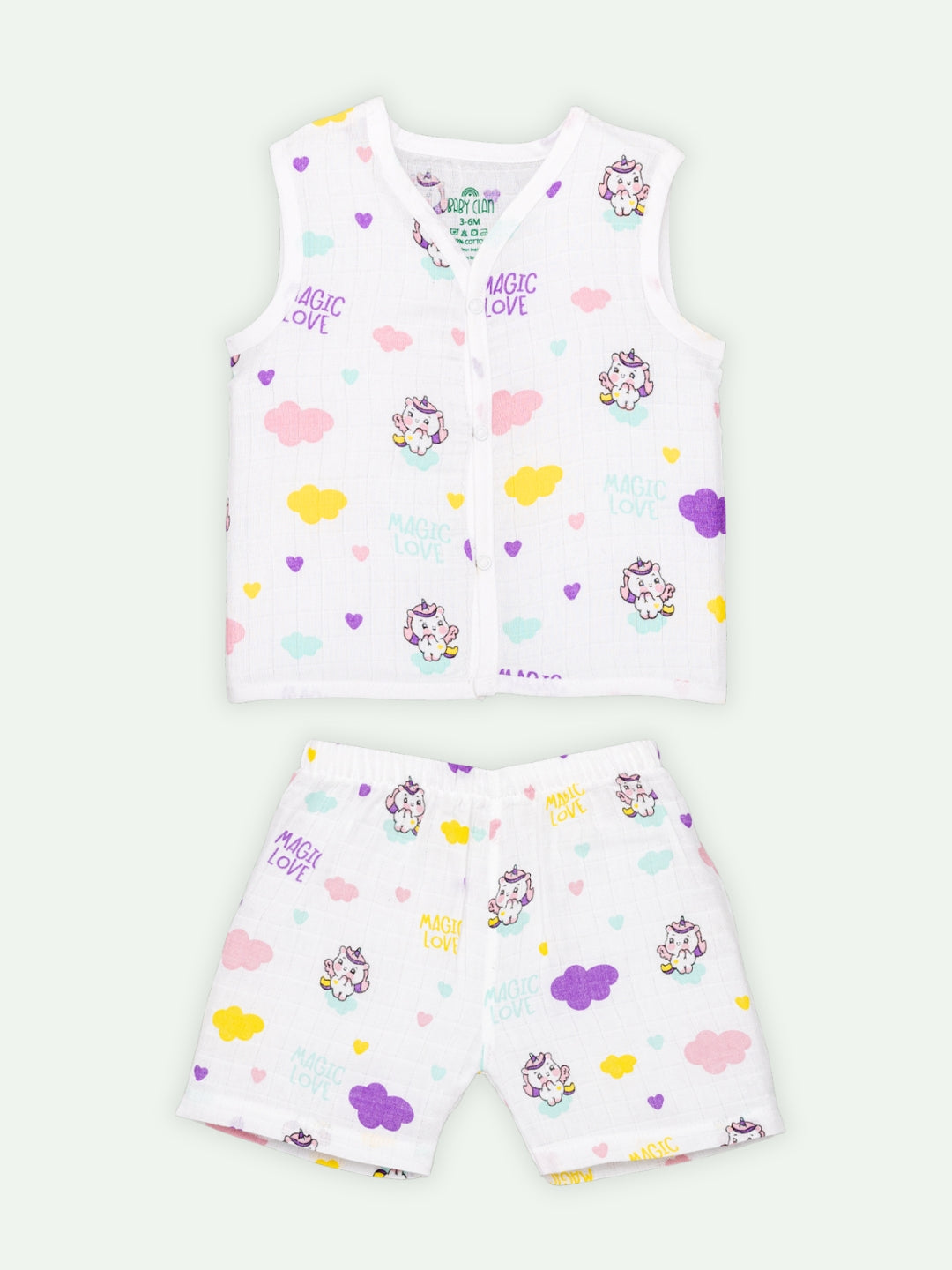 Babyclan Muslin Front Open Jabla Top & Shorts Set - Baby Unicorn