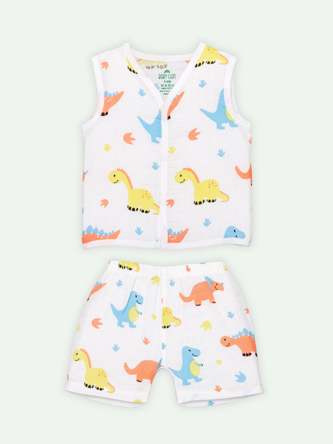 Babyclan Muslin Front Open Jabla Top & Shorts Set - Dino