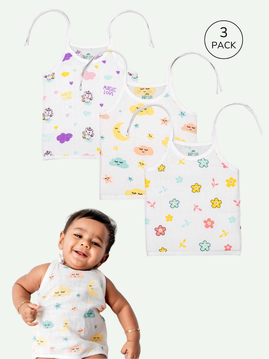 Babyclan Muslin Knotted Jabla Top - Printed (Pack of 3)