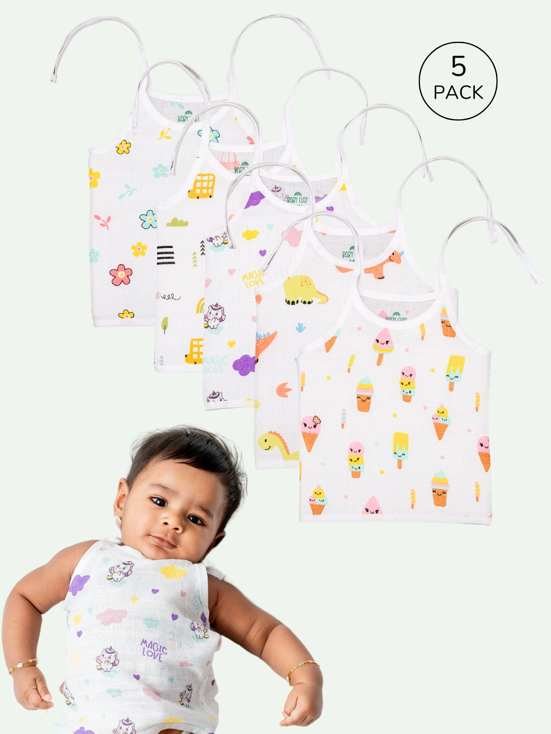 Babyclan Muslin Knotted Jabla Top - Printed (Pack of 5)