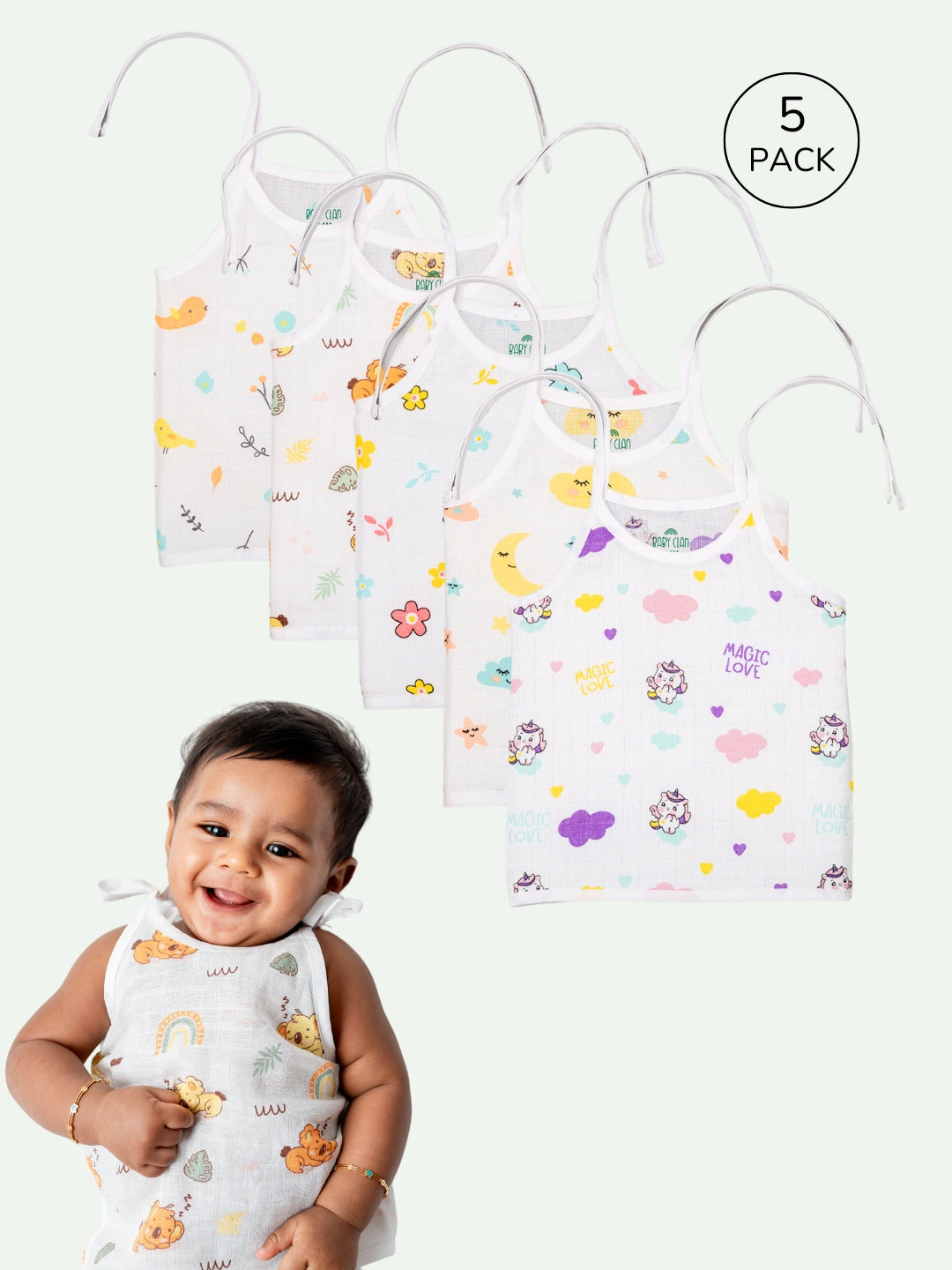 Babyclan Muslin Knotted Jabla Top - Printed (Pack of 5)