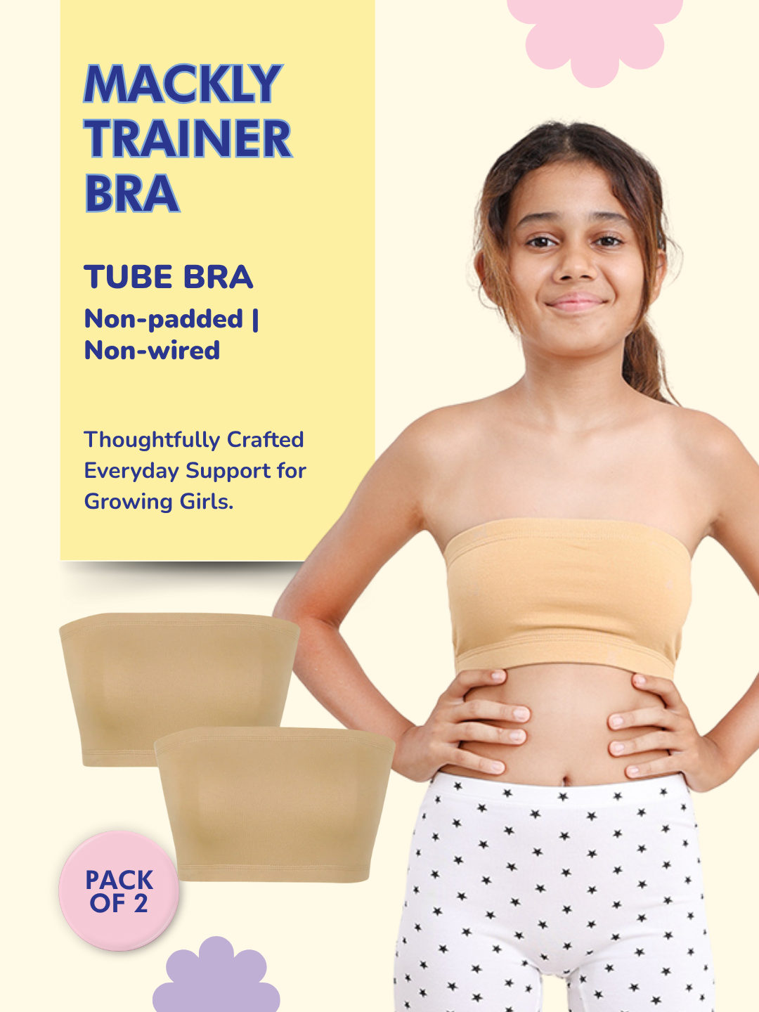 GIRLS TUBE BRA, BEIGE - PACK OF 2