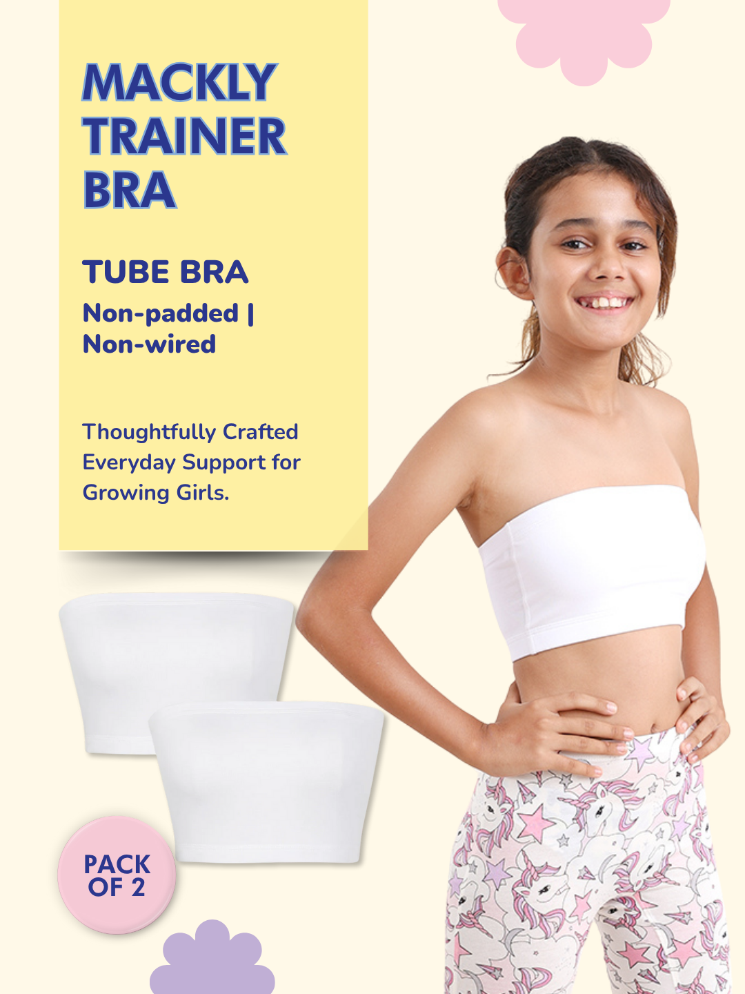 GIRLS TUBE BRA, WHITE - PACK OF 2