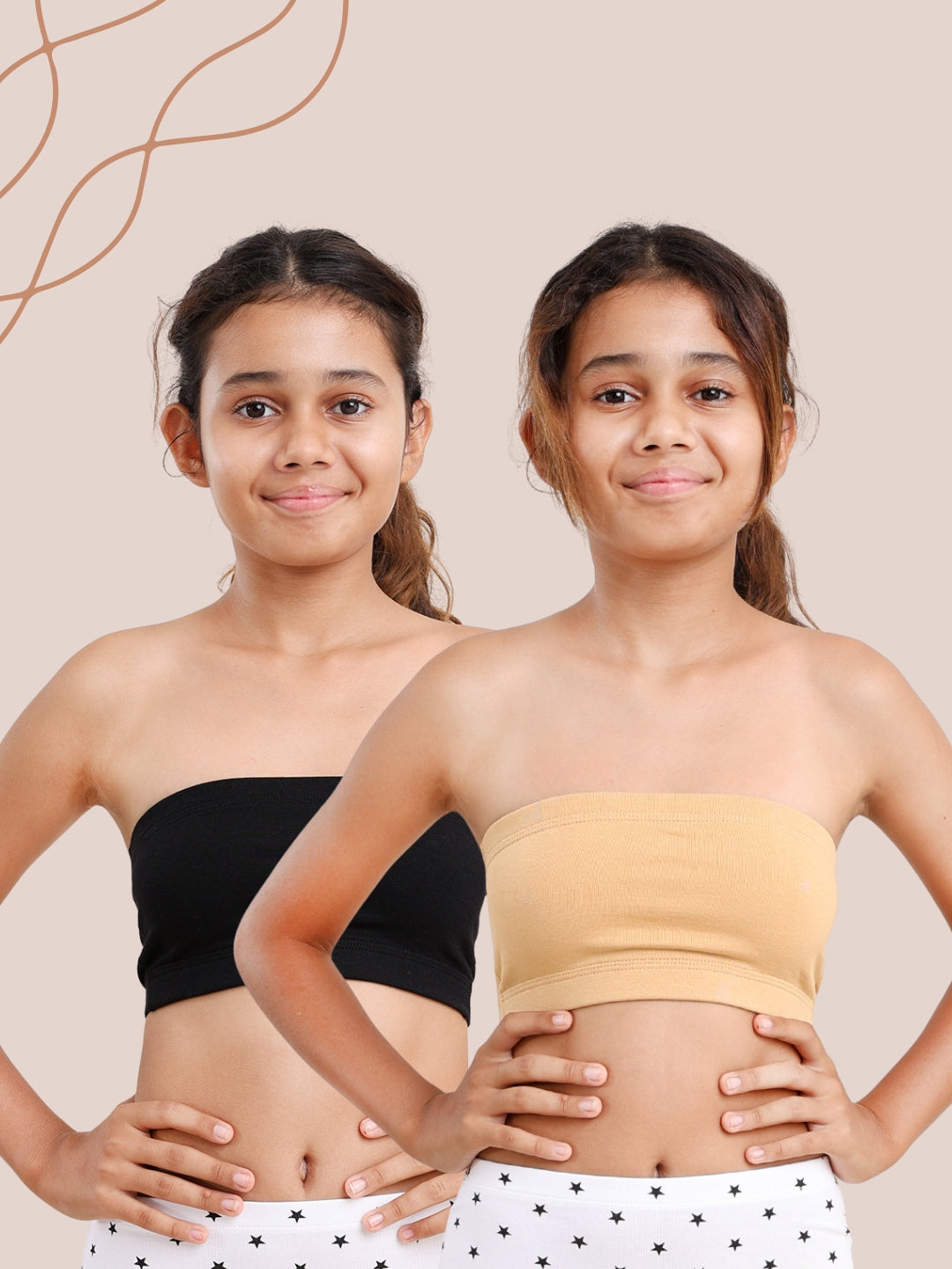 GIRLS TUBE BRA, BLACK/BEIGE - PACK OF 2