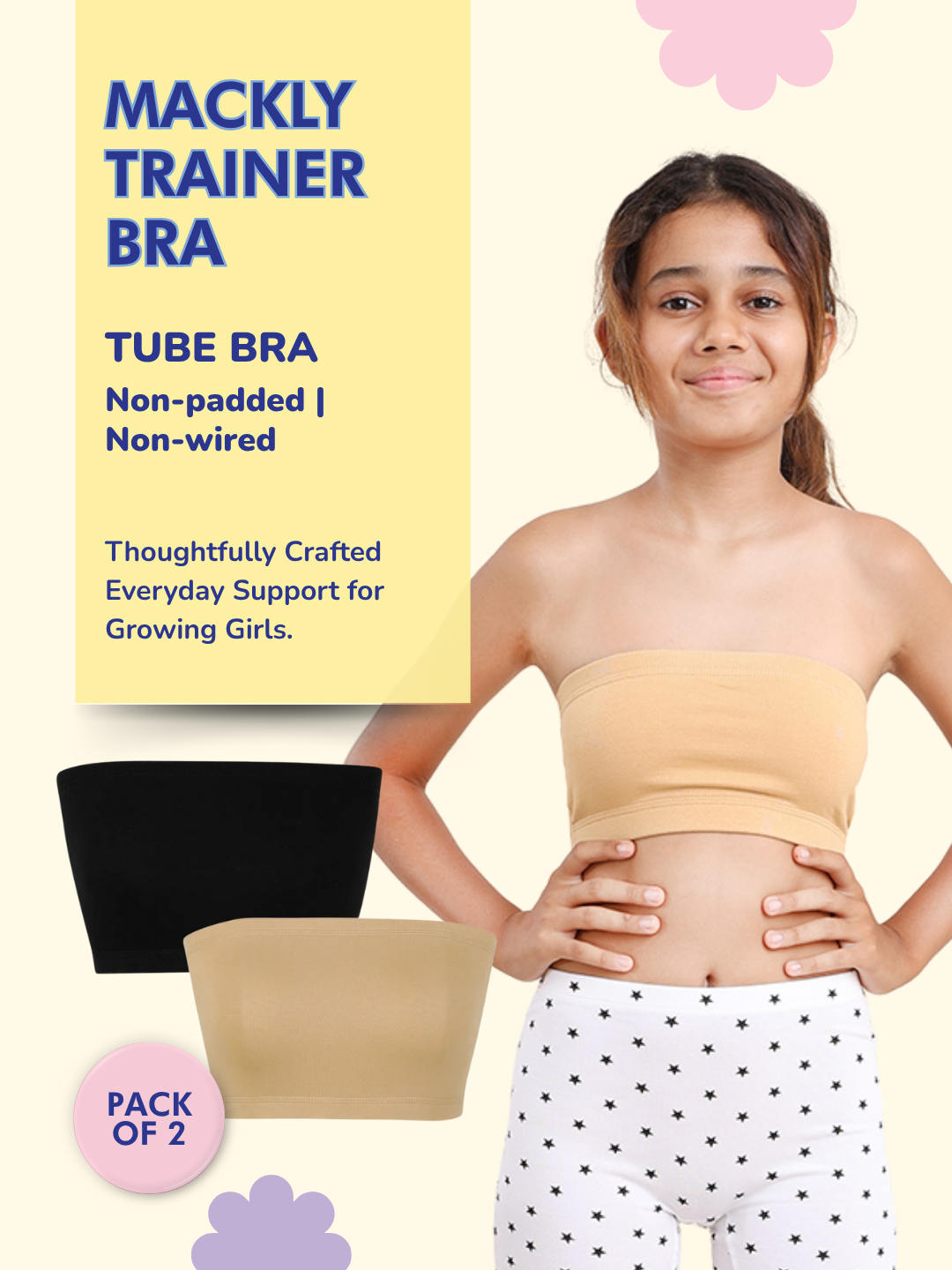 GIRLS TUBE BRA, BLACK/BEIGE - PACK OF 2