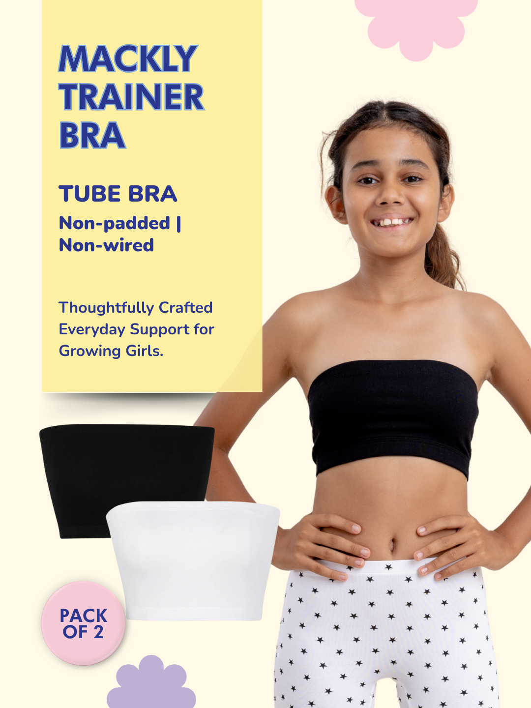 GIRLS TUBE BRA, BLACK/WHITE - PACK OF 2