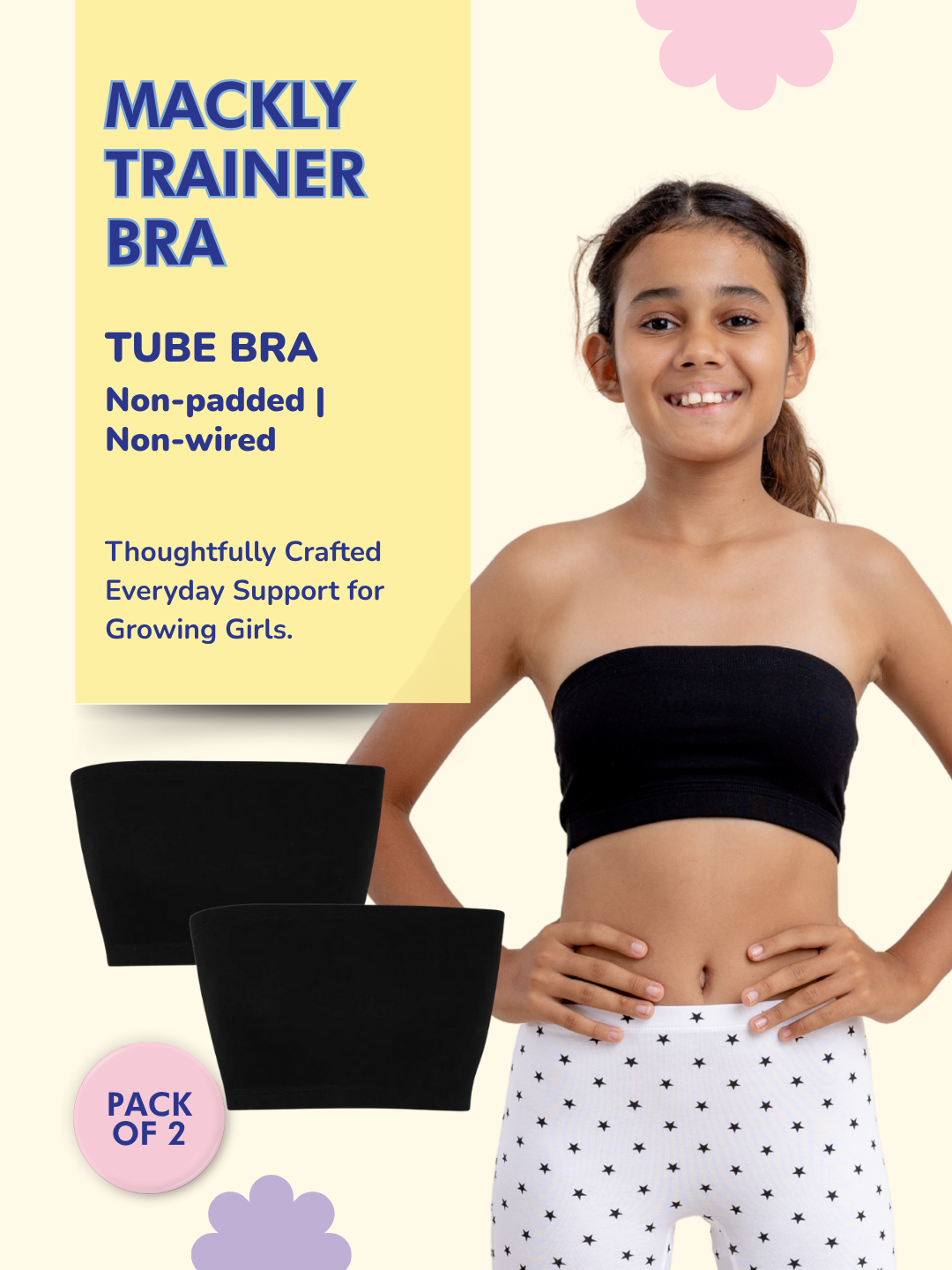 GIRLS TUBE BRA, BLACK - PACK OF 2